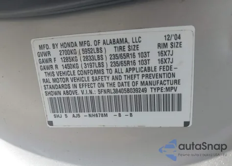 2005 Honda Odyssey Ex z USA, uszkodzony, nr VIN 5FNRL38405B039249